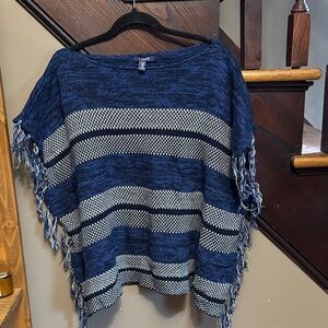 Chaps Navy and Cream Striped Fringe Knit Poncho